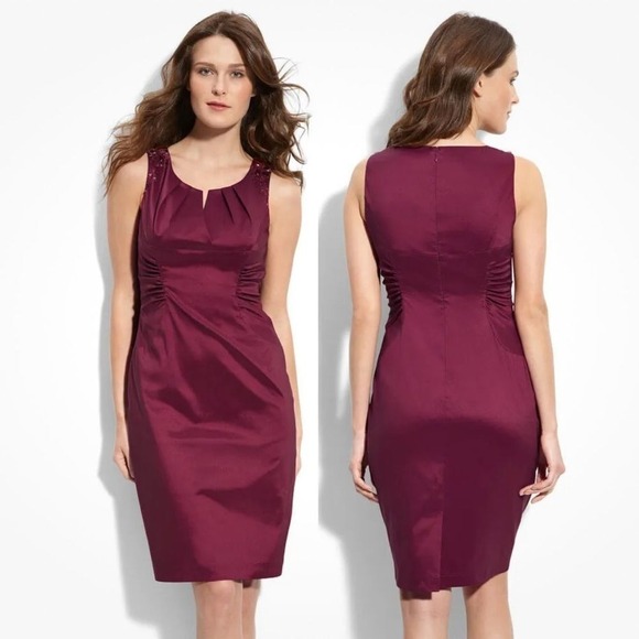 Adrianna Papell Stretch Taffeta Flamingo‎ Wine Beaded Sheath Cocktail Dre… - Picture 1 of 6